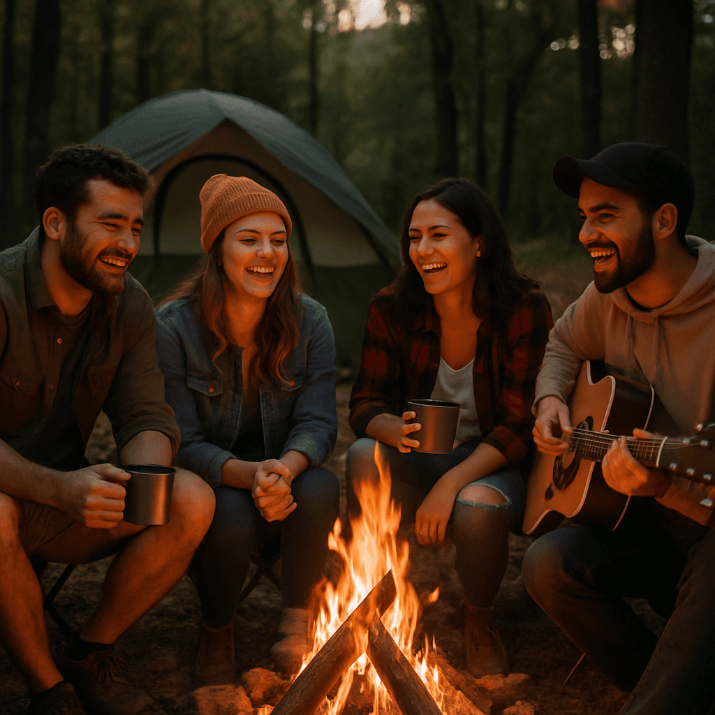 Friends camping outdoors with portable power station